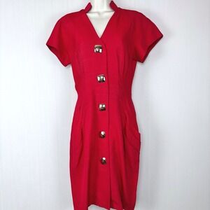 VTG 80s Brioche California Red Short Sleeve Dress Pockets Gold Buttons Sz 3/4